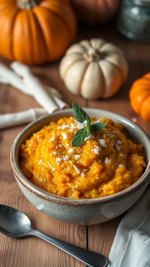 A bowl of savory pumpkin risotto topped with Parmesan cheese and sage, on a wooden table.